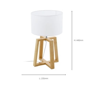 Eglo EU CHIETINO?1 Table Lamp – Natural Wood & Chrome with White Fabric Shade, E27, Inline Switch, Indoor Lighting