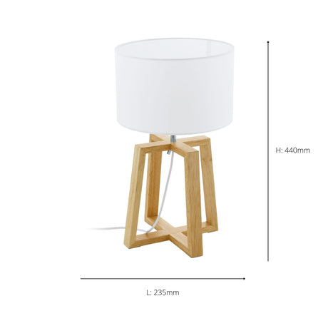 Eglo EU CHIETINO?1 Table Lamp – Natural Wood & Chrome with White Fabric Shade, E27, Inline Switch, Indoor Lighting