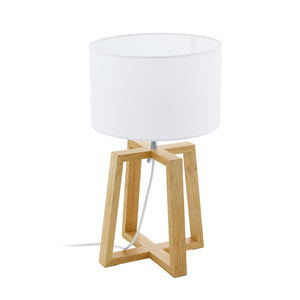 Eglo EU CHIETINO?1 Table Lamp – Natural Wood & Chrome with White Fabric Shade, E27, Inline Switch, Indoor Lighting
