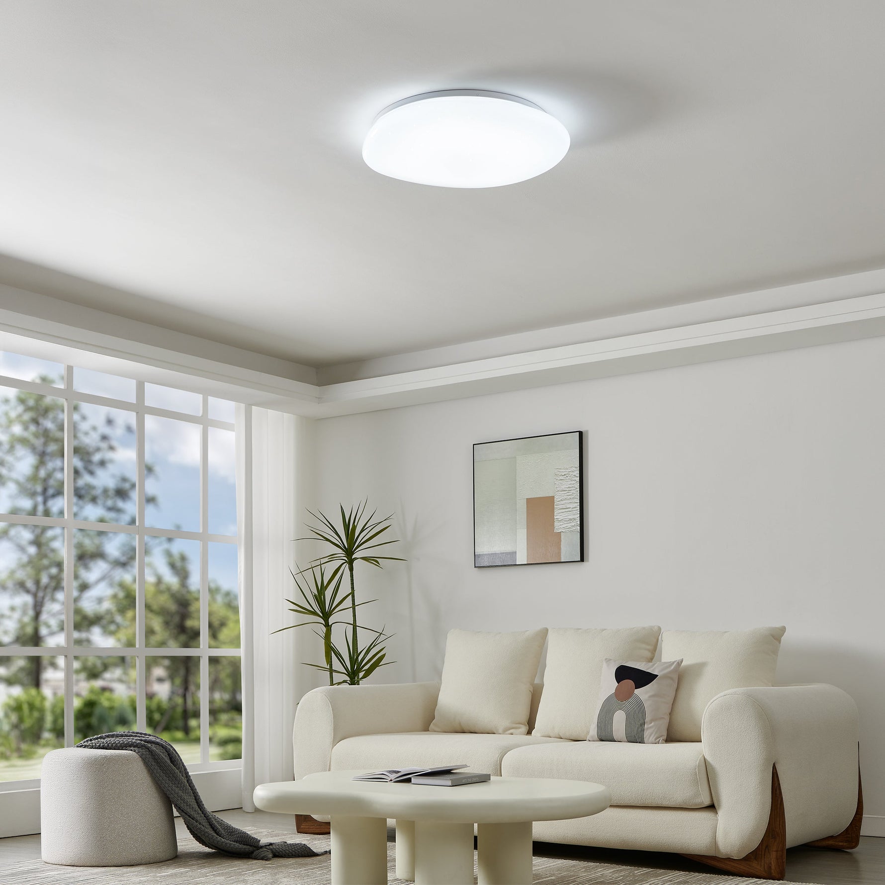 Eglo EU ROMAO?Z Smart LED Ceiling Light – 570mm White Fabric Shade, RGB + Tuneable White, App & Remote Control product image - Endon Lighting from First Light Direct with great prices and fast UK delivery