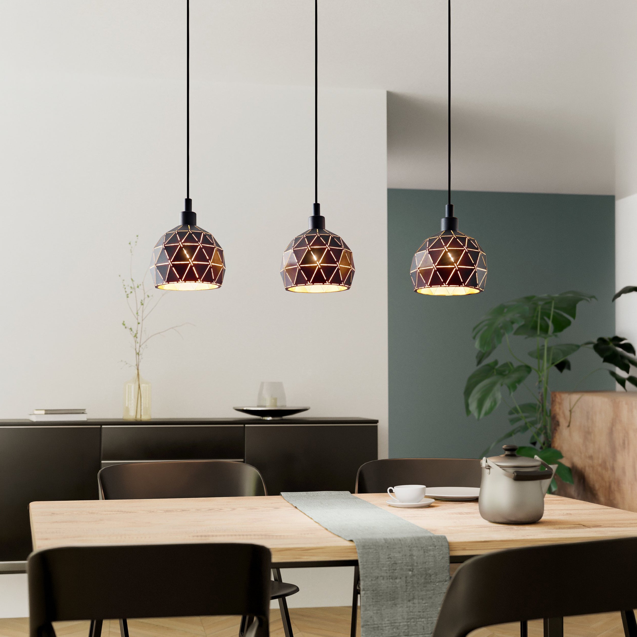 Eglo EU Roccaforte White Metal 3 Light Ceiling Pendant, (L) 75cm