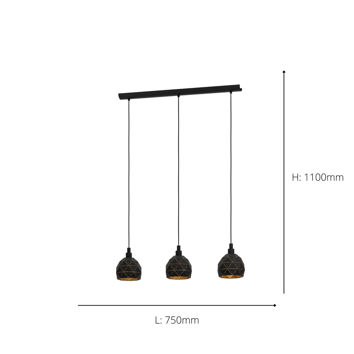 Eglo EU Roccaforte Black & Gold Metal 3 Light Ceiling Pendant, (L) 75cm