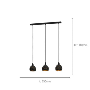 Eglo EU Roccaforte Black & Gold Metal 3 Light Ceiling Pendant, (L) 75cm