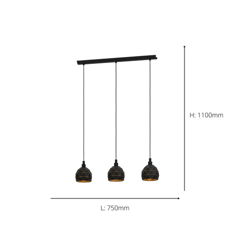 Eglo EU Roccaforte Black & Gold Metal 3 Light Ceiling Pendant, (L) 75cm
