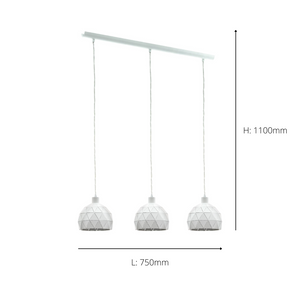 Eglo EU Roccaforte White Metal 3 Light Ceiling Pendant, (L) 75cm