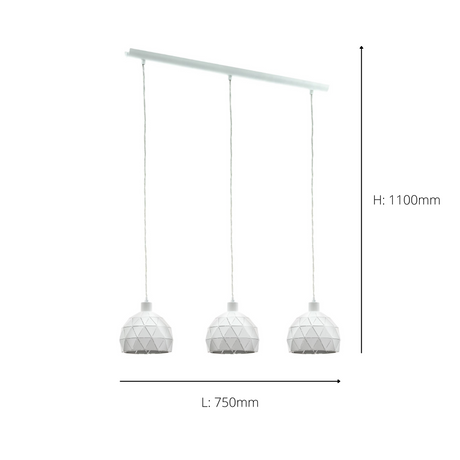 Eglo EU Roccaforte White Metal 3 Light Ceiling Pendant, (L) 75cm