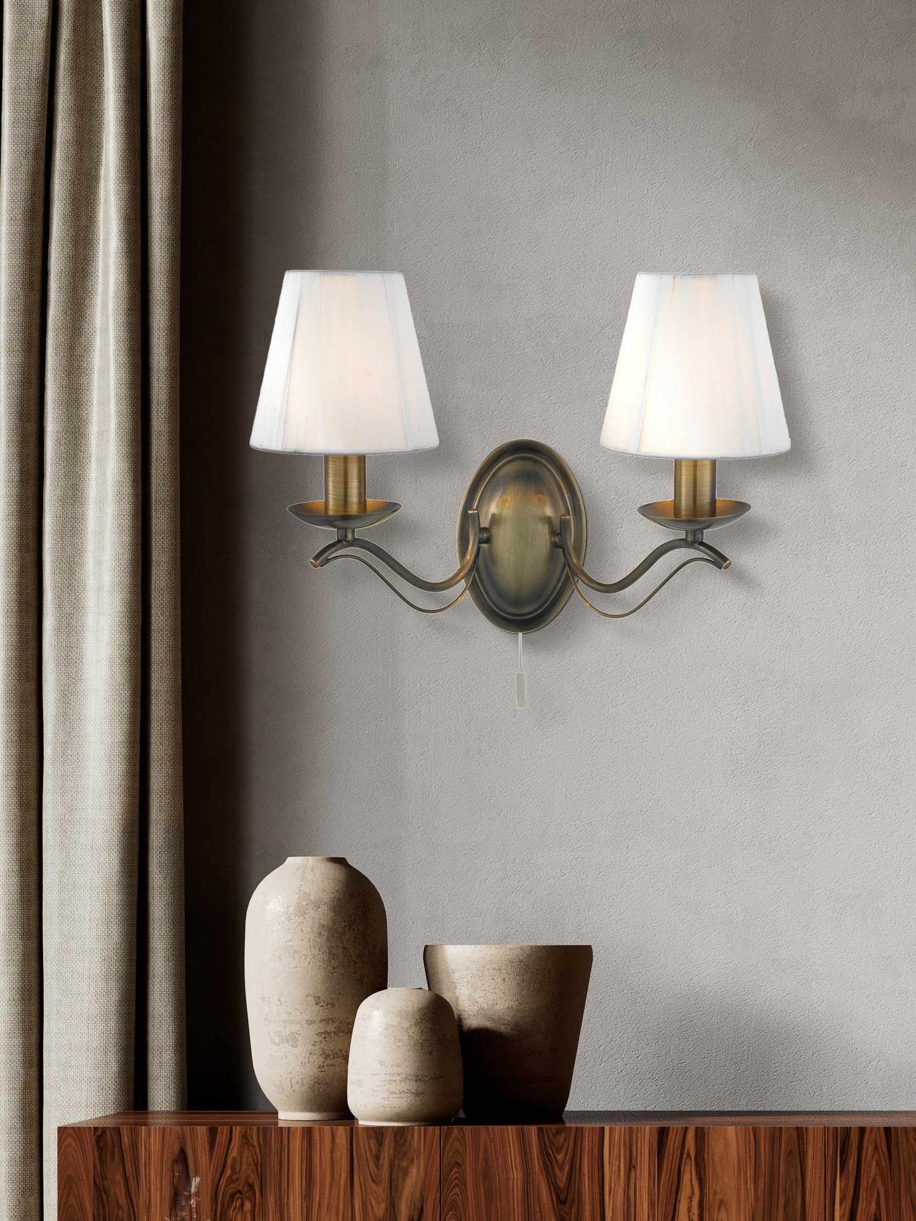Searchlight Electric Andretti 2Lt Wall Light-Antique Brass & Ivory String Fabric 9822-2AB