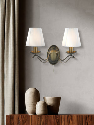 Searchlight Electric Andretti 2Lt Wall Light-Antique Brass & Ivory String Fabric 9822-2AB