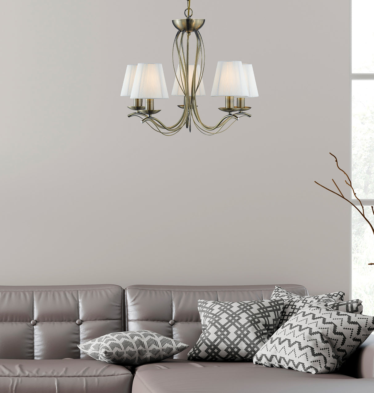 Searchlight Electric Andretti 5Lt Pendant-Antique Brass & Ivory String Fabric 9825-5AB