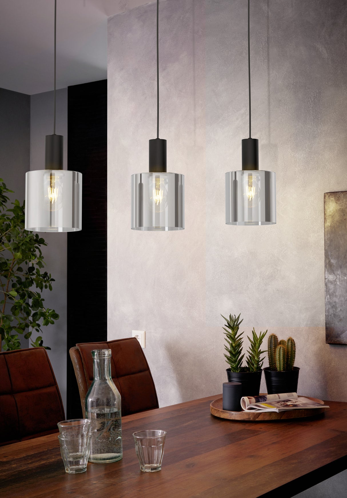 Eglo EU Gorosiba Black Steel & Glass Modern 3-Light Pendant