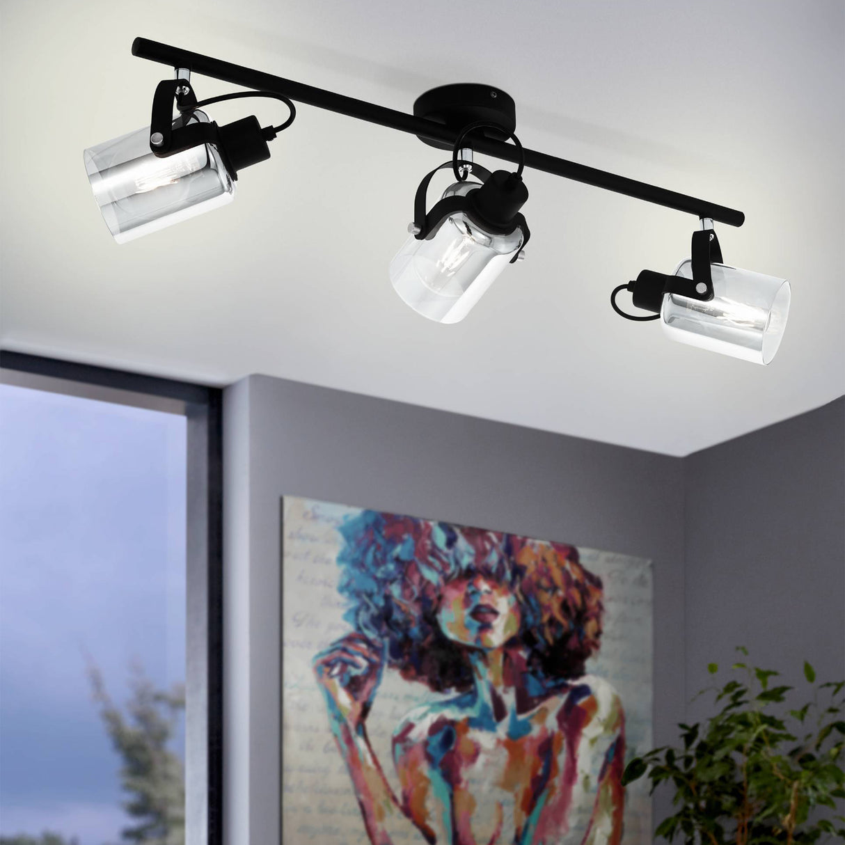 Eglo EU Berregas Smoke And Black Glass And Metal 3 Light Spot Light, (L) 77.5cm
