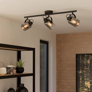 Eglo EU Berregas Smoke And Black Glass And Metal 3 Light Spot Light, (L) 77.5cm