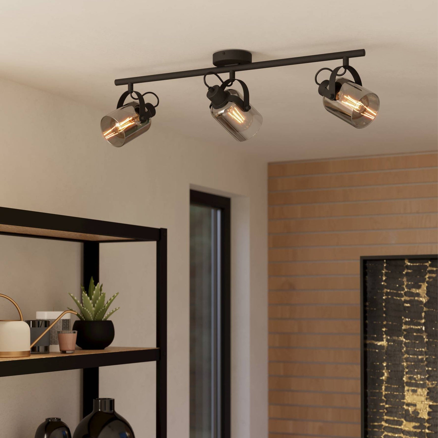 Eglo EU Boyal Ceiling Light Wood Black 2 Frame LED Ceiling Light with Intersecting Frames and Rustic Wood product image - Endon Lighting from First Light Direct with great prices and fast UK delivery