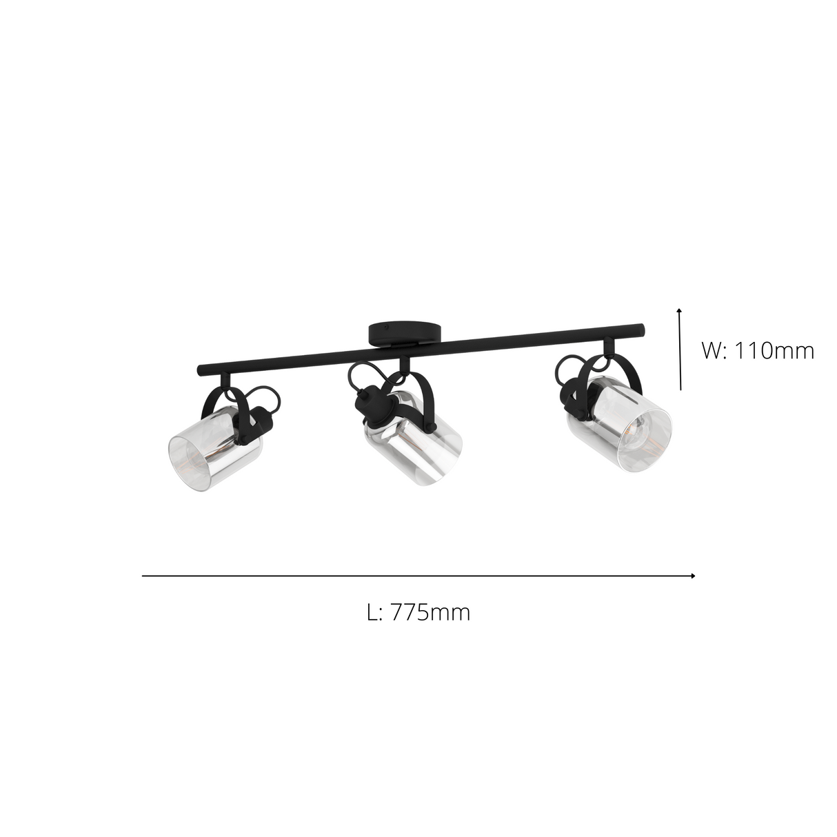 Eglo EU Berregas Smoke And Black Glass And Metal 3 Light Spot Light, (L) 77.5cm