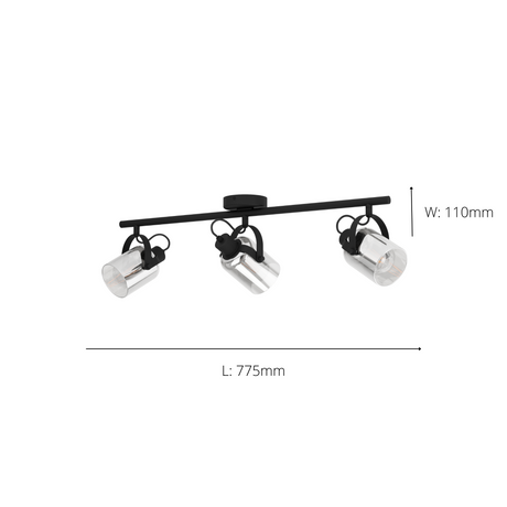 Eglo EU Berregas Smoke And Black Glass And Metal 3 Light Spot Light, (L) 77.5cm