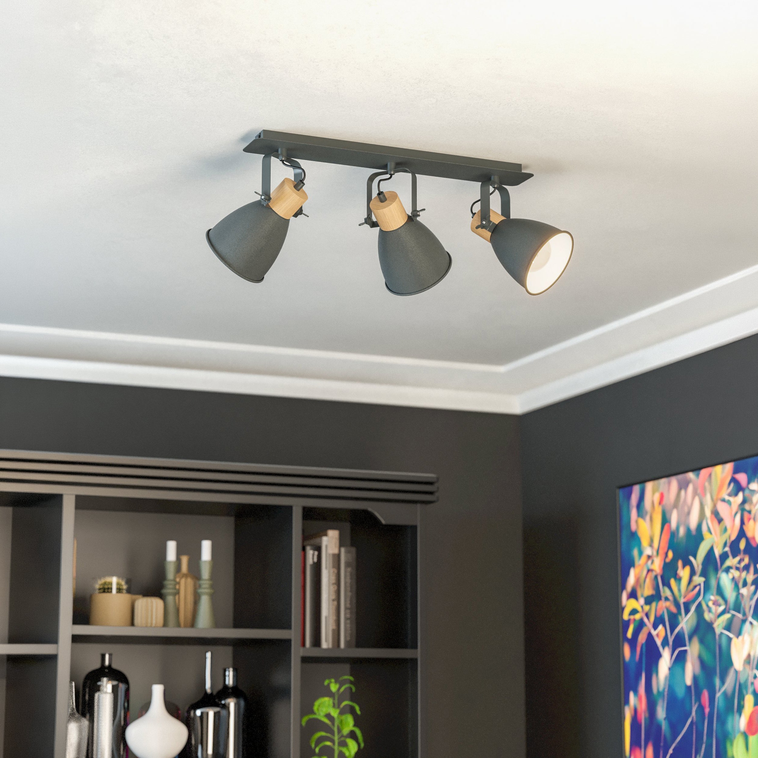 Eglo EU Townshend 3 Wood & Steel Industrial Ceiling 4 Light Spot product image - Endon Lighting from First Light Direct with great prices and fast UK delivery