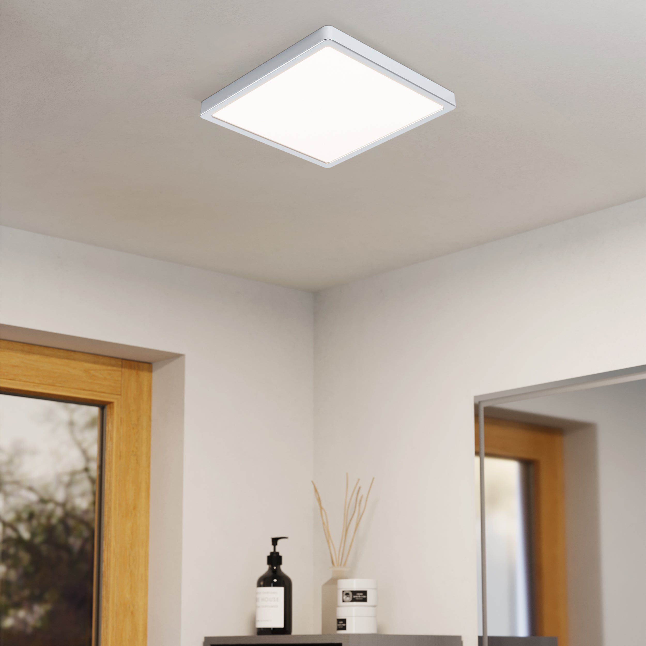 Eglo EU FUEVA?5 Bathroom LED Ceiling Light – Chrome Steel, Square, Warm White, Indoor Lighting