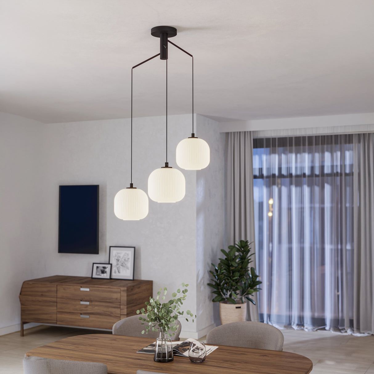 Eglo EU Mantunalle White Glass & Steel 3-Light Pendant