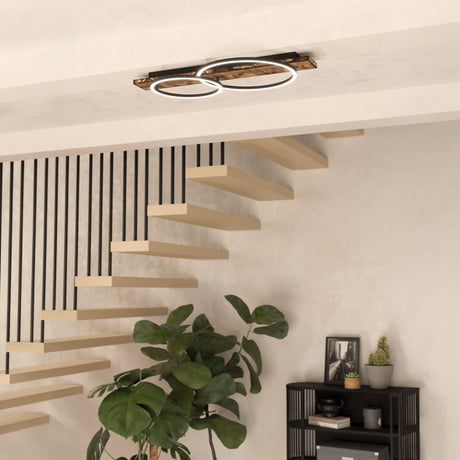 Eglo EU Boyal Ceiling Light Wood Black 2 Frame LED Ceiling Light with Intersecting Frames and Rustic Wood