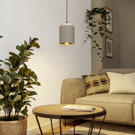 Eglo EU ALBARIZA Pendant Light – Black Steel & Wood, Cappuccino Fabric Shade with Gold Interior, E27, Indoor Pendant Lighting