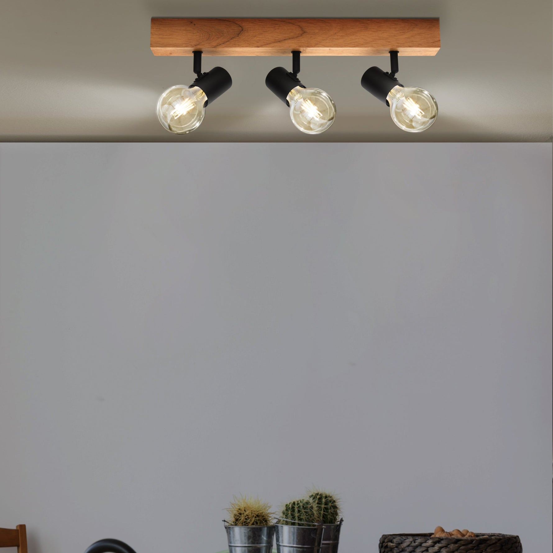 Eglo EU Townshend 3 Wood & Steel Brown/White Industrial 3-Light Spotlight product image - Endon Lighting from First Light Direct with great prices and fast UK delivery