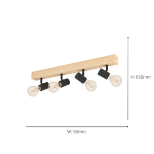Eglo EU Townshend 3 Wood & Steel Industrial Ceiling 4 Light Spot