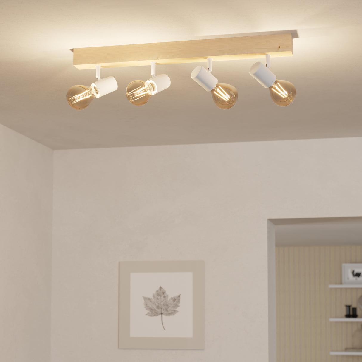 Eglo EU Townshend White/Natural Metal & Wood 4-Light Spotlight - Industrial Style