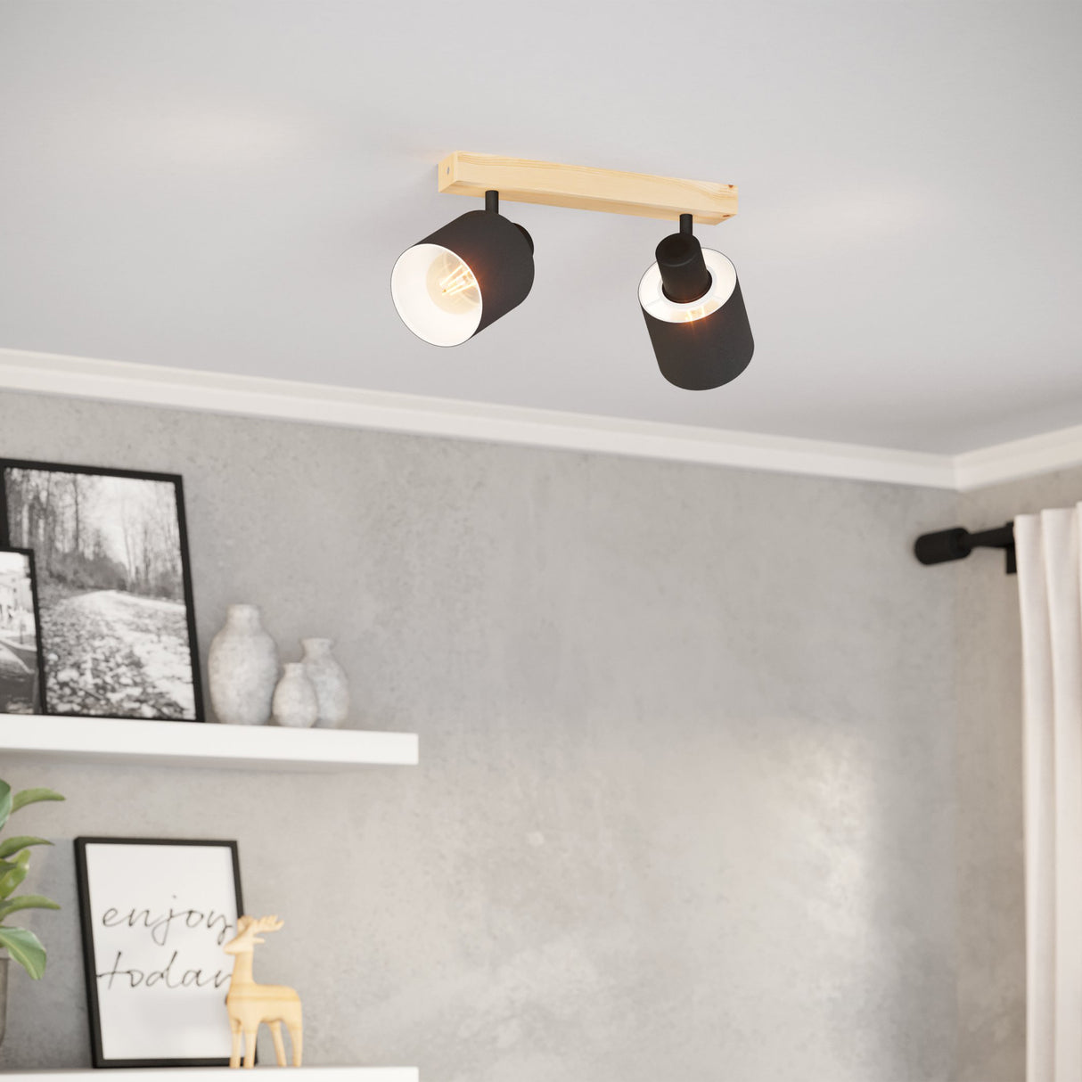 Eglo EU Batallas Steel & Wood Black Contemporary 2-Light Spotlight