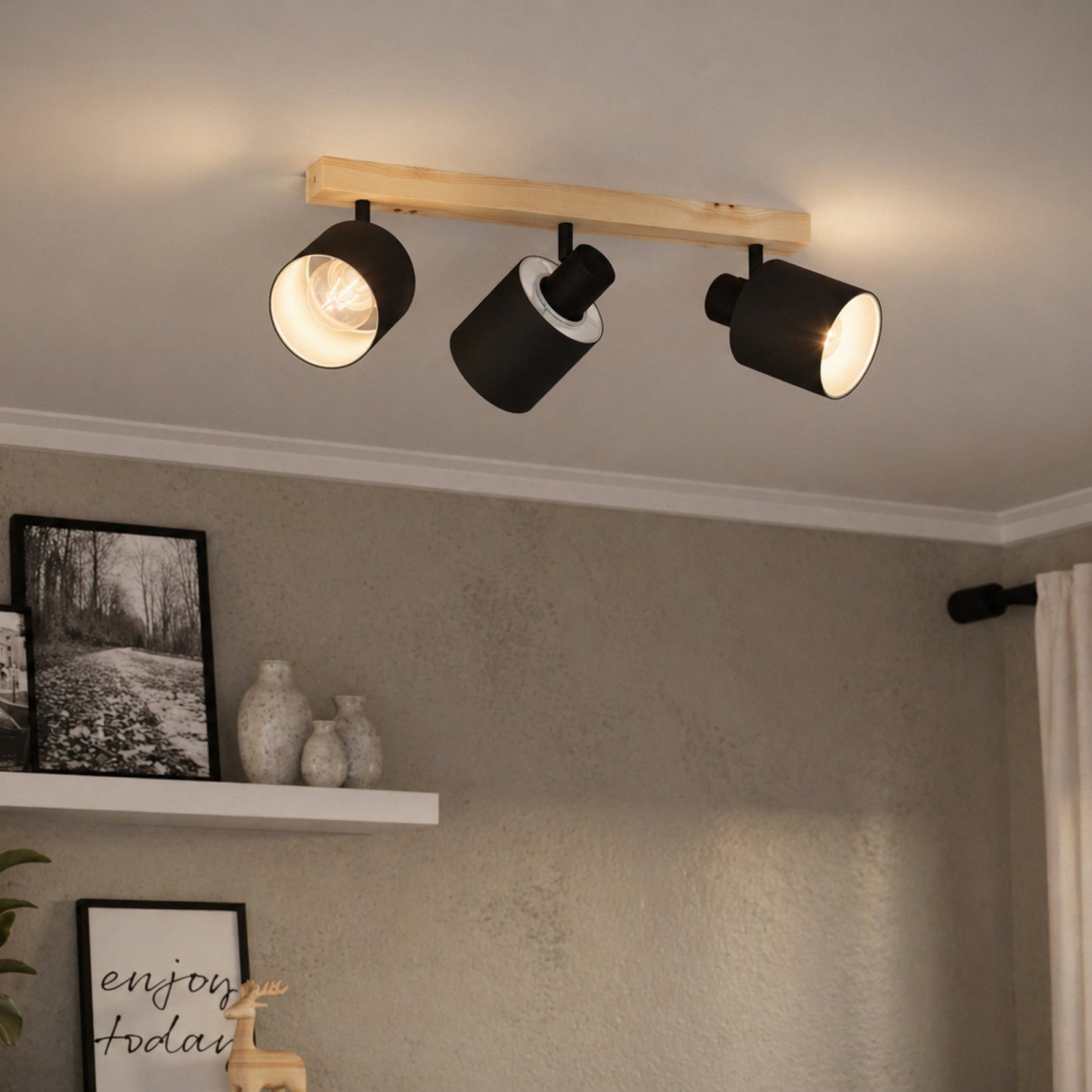 Eglo EU VELASCO Pendant Light – Black Steel & Maple Wood Shade, E27 Fitting, 380mm Indoor Ceiling Light