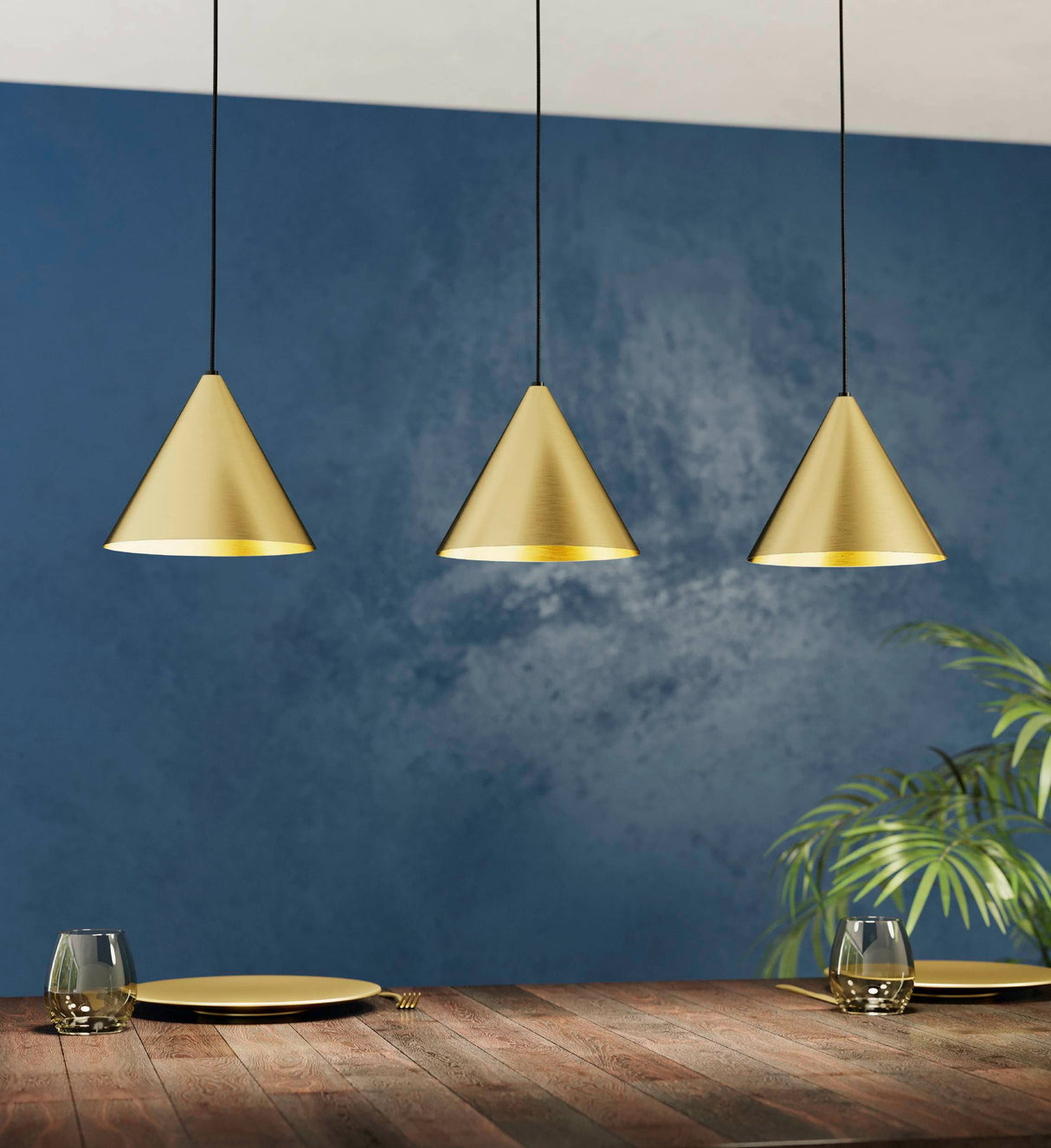 Eglo EU Narices Art-Deco Brass 3-Light Pendant - Conical Brushed Metal Shades, New Nordic Style, E27 - (D) 110cm