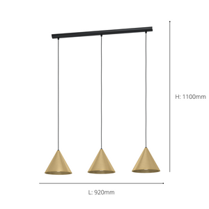 Eglo EU Narices Art-Deco Brass 3-Light Pendant - Conical Brushed Metal Shades, New Nordic Style, E27 - (D) 110cm