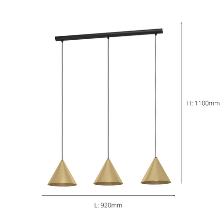 Eglo EU Narices Art-Deco Brass 3-Light Pendant - Conical Brushed Metal Shades, New Nordic Style, E27 - (D) 110cm