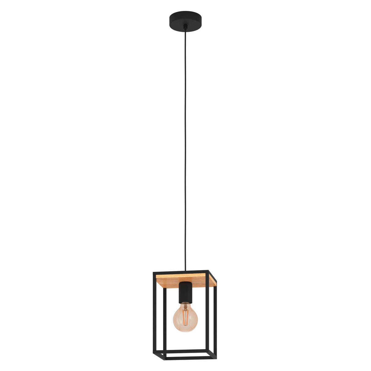 Eglo EU Libertad Black And Natural Metal And Wood 1 Light Ceiling Pendant, (D) 18cm