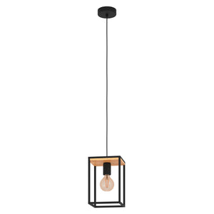 Eglo EU Libertad Black And Natural Metal And Wood 1 Light Ceiling Pendant, (D) 18cm