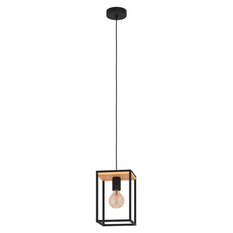 Eglo EU Libertad Black And Natural Metal And Wood 1 Light Ceiling Pendant, (D) 18cm