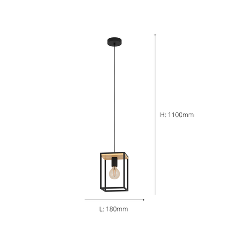 Eglo EU Libertad Black And Natural Metal And Wood 1 Light Ceiling Pendant, (D) 18cm