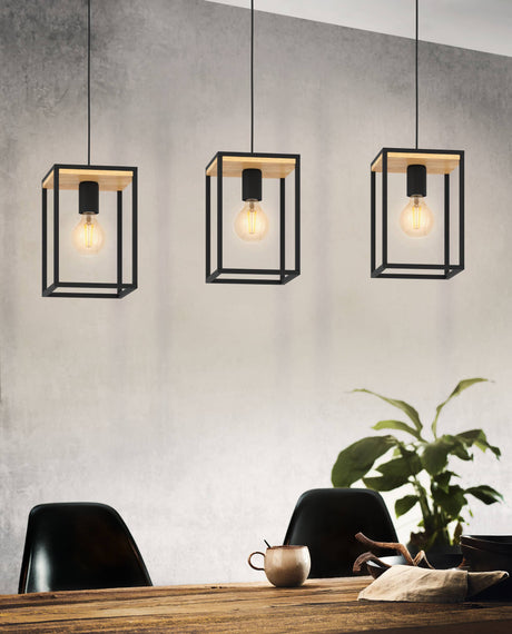 Eglo EU Libertad Caged Black And Wooden 3-Light Pendant