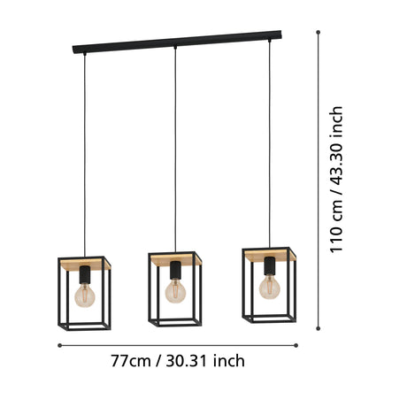 Eglo EU Libertad Caged Black And Wooden 3-Light Pendant