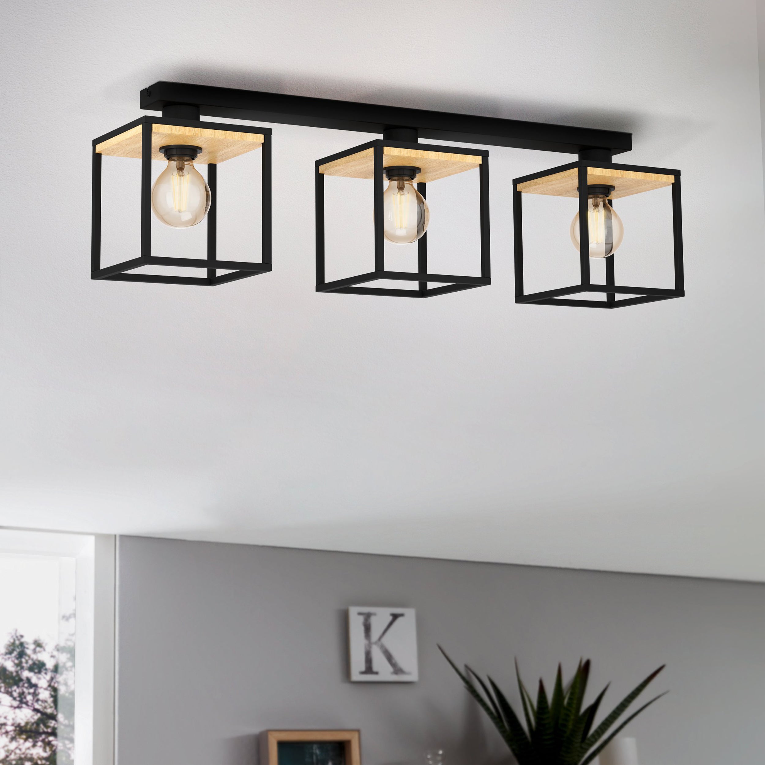 Eglo EU Libertad 3-Light Caged Black And Wooden Ceiling Light product image - Endon Lighting from First Light Direct with great prices and fast UK delivery