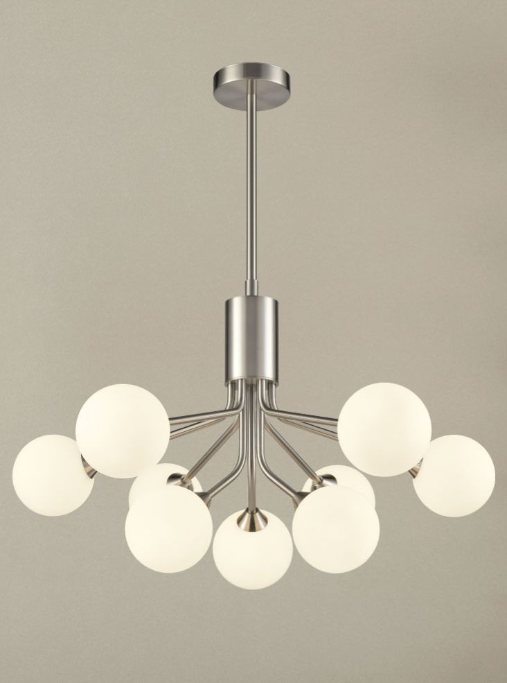 Franklite Cosmic 9 light pendant in satin nickel with matt opal glass Cosmic part no - FL2469-9-378
