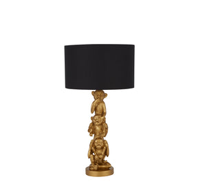 3 Wise Monkeys Table Lamp - Gold Resin & Black Fabric Shade