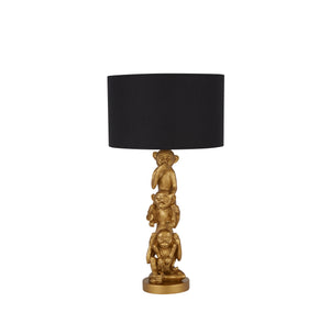 3 Wise Monkeys Table Lamp - Gold Resin & Black Fabric Shade