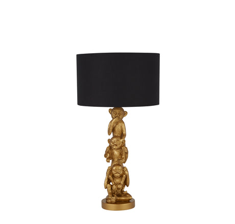 3 Wise Monkeys Table Lamp - Gold Resin & Black Fabric Shade