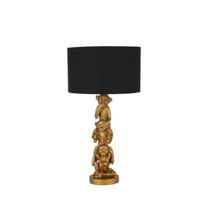 Searchlight Electric 3 Wise Monkeys Table Lamp - Gold Resin & Black Fabric Shade 1030GO