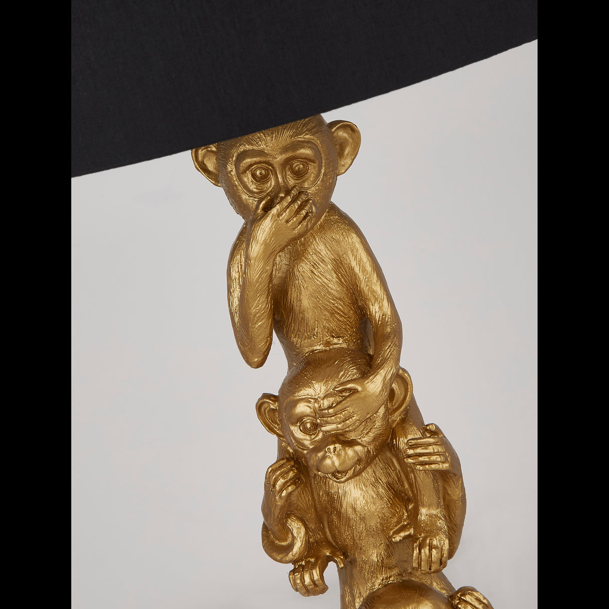 Searchlight Electric 3 Wise Monkeys Table Lamp - Gold Resin & Black Fabric Shade 1030GO