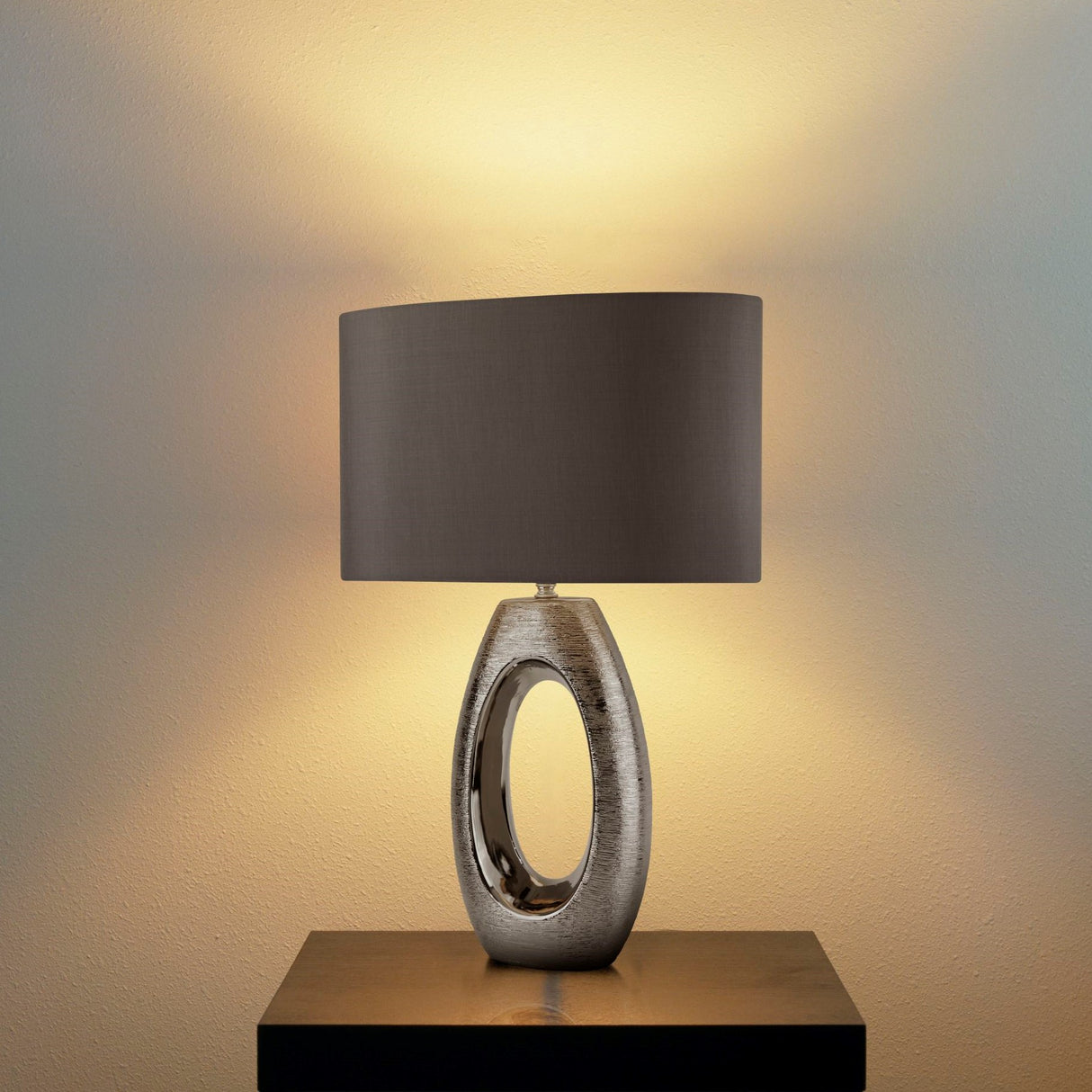 Searchlight Electric Artisan Table Lamp - Ceramic, Chrome & Grey Faux Silk Shade 1213CC