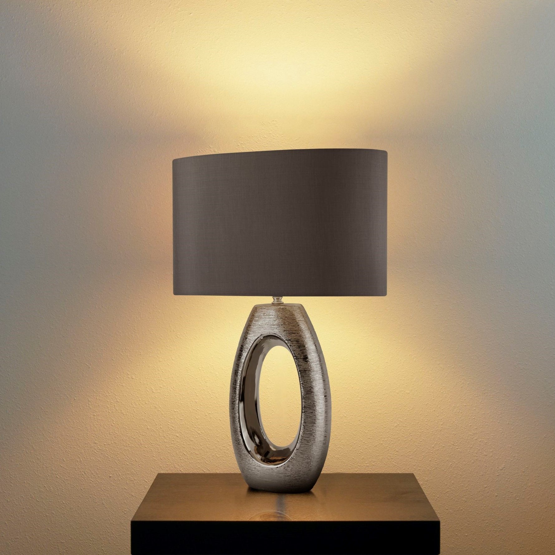 Searchlight Electric Artisan Table Lamp - Ceramic, Chrome & Grey Faux Silk Shade 1213CC