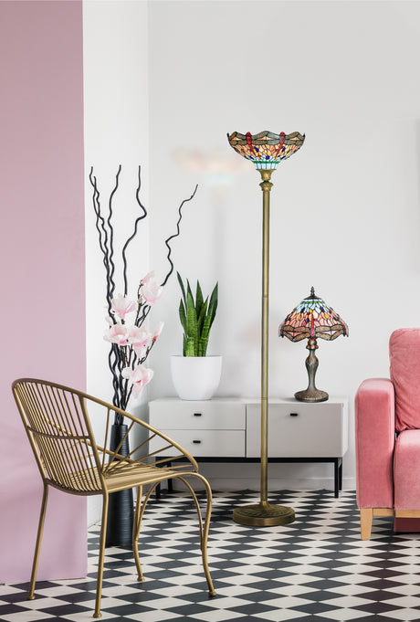 Searchlight Electric Dragonfly Floor Lamp - Antique Brass & Stained Glass 1285
