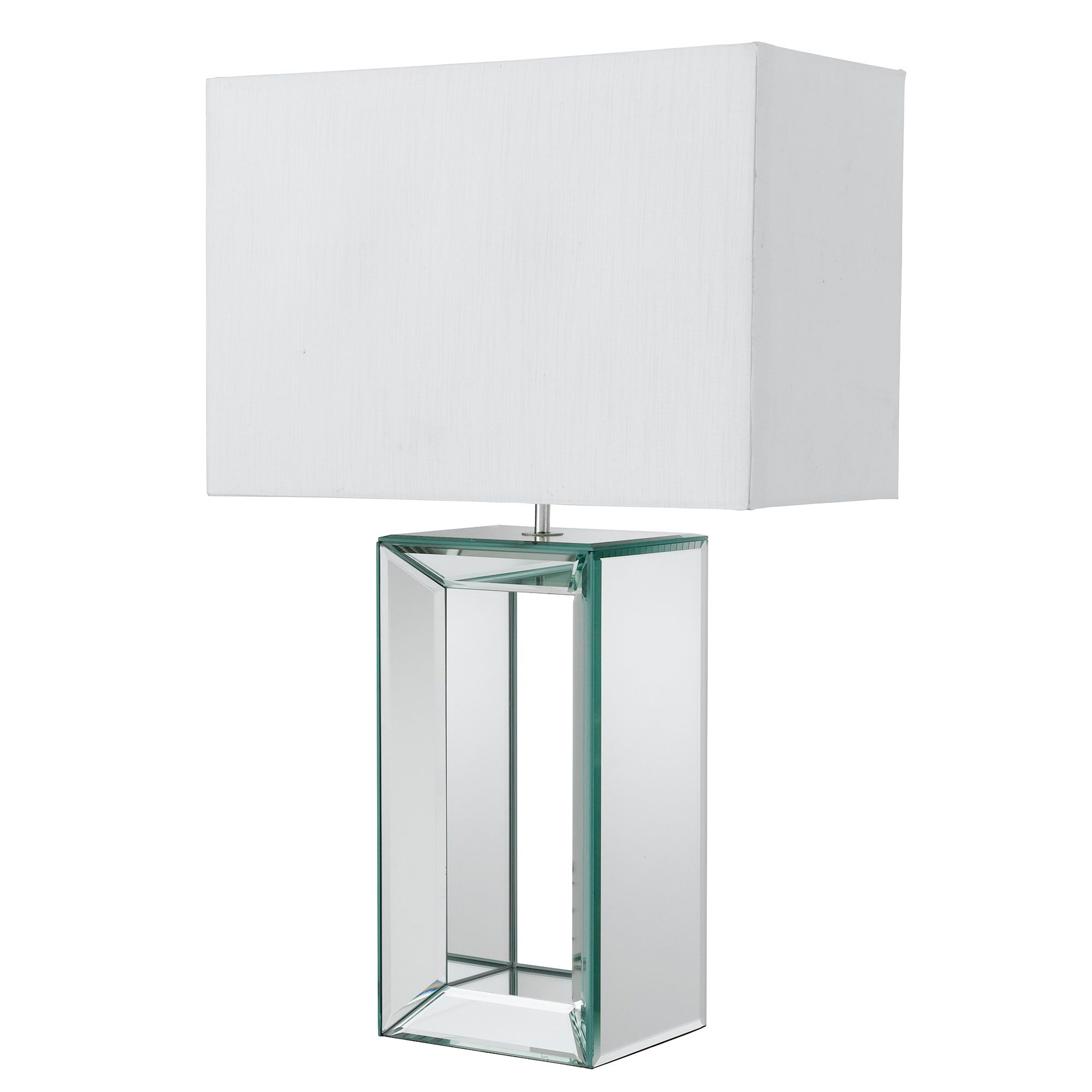 Mirror Table Lamp - Mirrored Base & White Faux Silk Shade