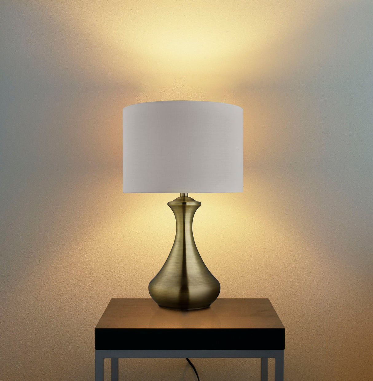 Searchlight Electric Touch Table Lamp  - Antique Brass Metal & Ivory Fabric Shade 2750AB